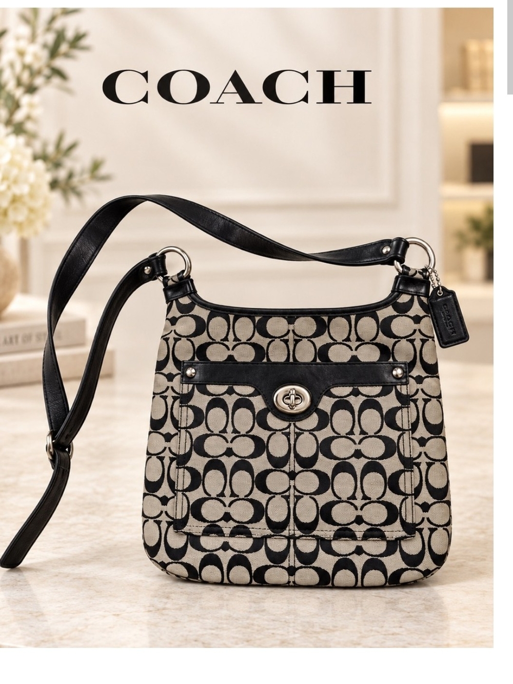 Coach Monogram Shoulder Bag in Black and Tan